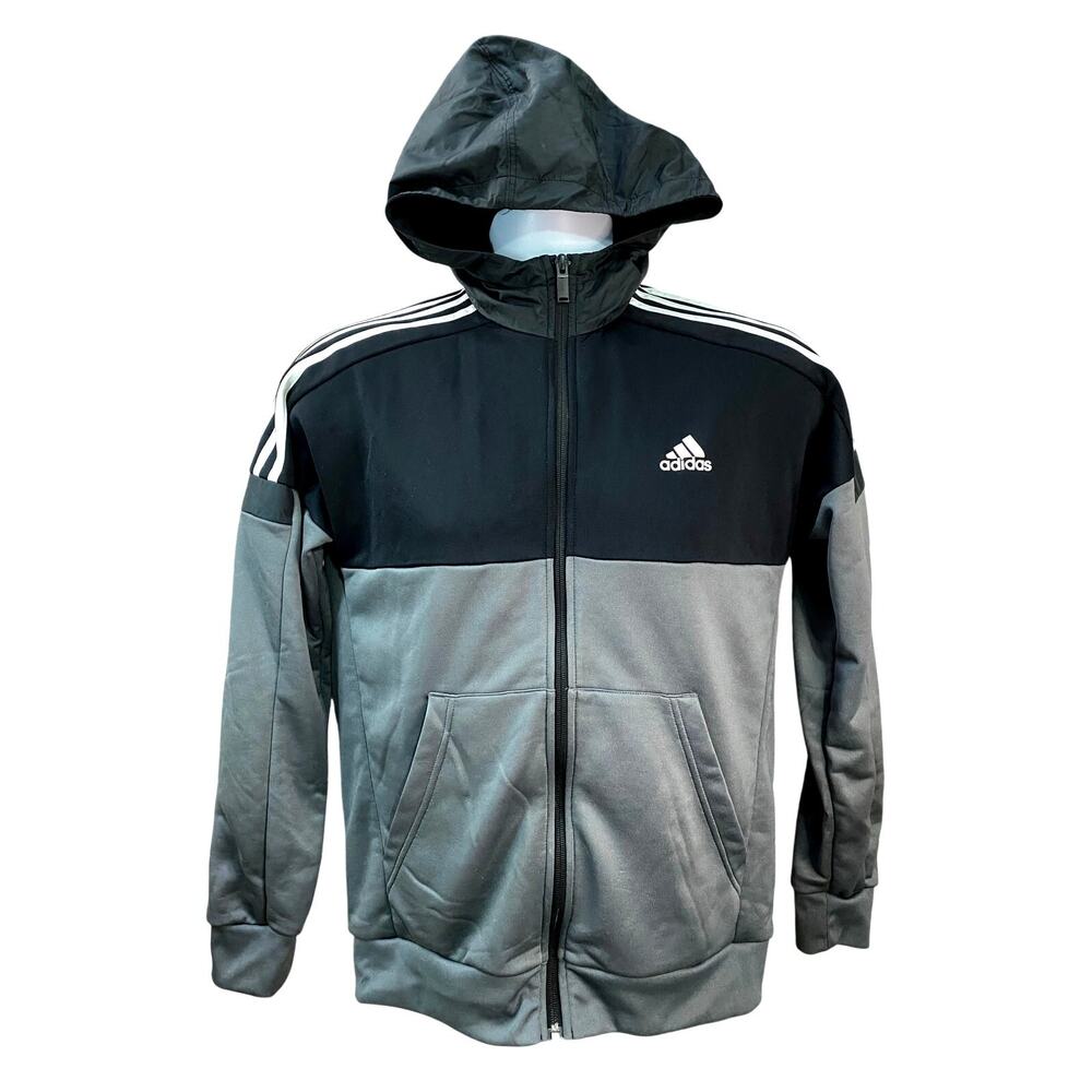 ADIDAS ORIGINALS HOODIE — Essentials 3S Grey Black Full Zip Youth Large